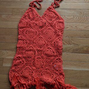Forever 21 Women's Small Orange Crochet Tie Halter Top Bathing Suit Coverup